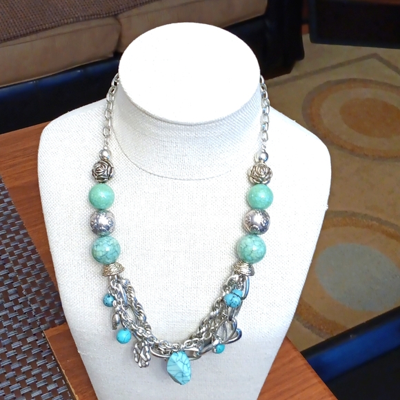 SILVER and TURQUOISE BLUE MULTILAYER  NECKLACE WITH CHARMS - Picture 3 of 3